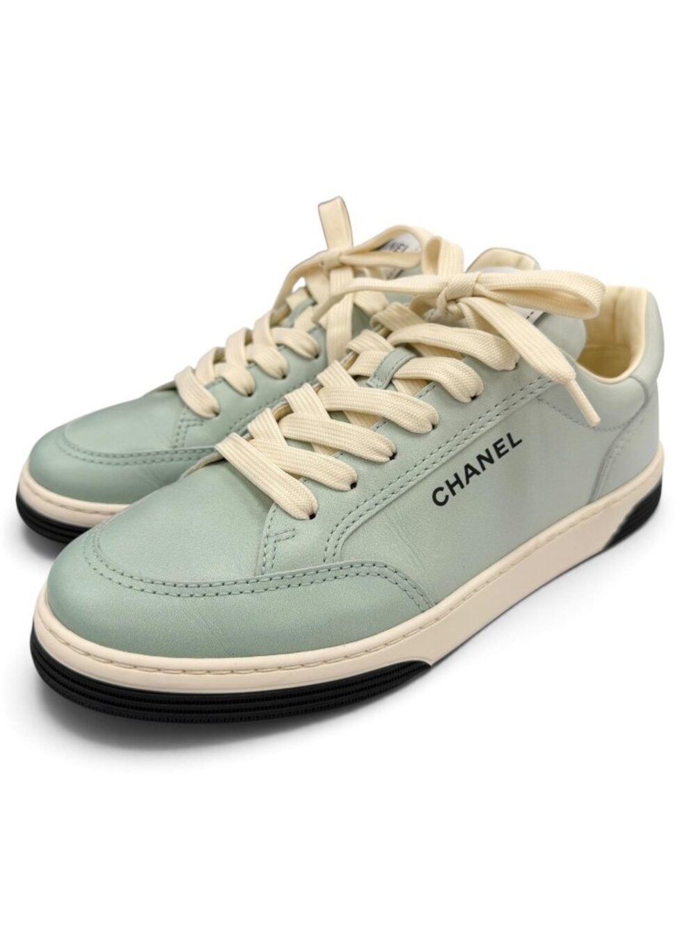 Chanel 24K Logo Lace Up Leather Low-Cut Sneakers Mint Green